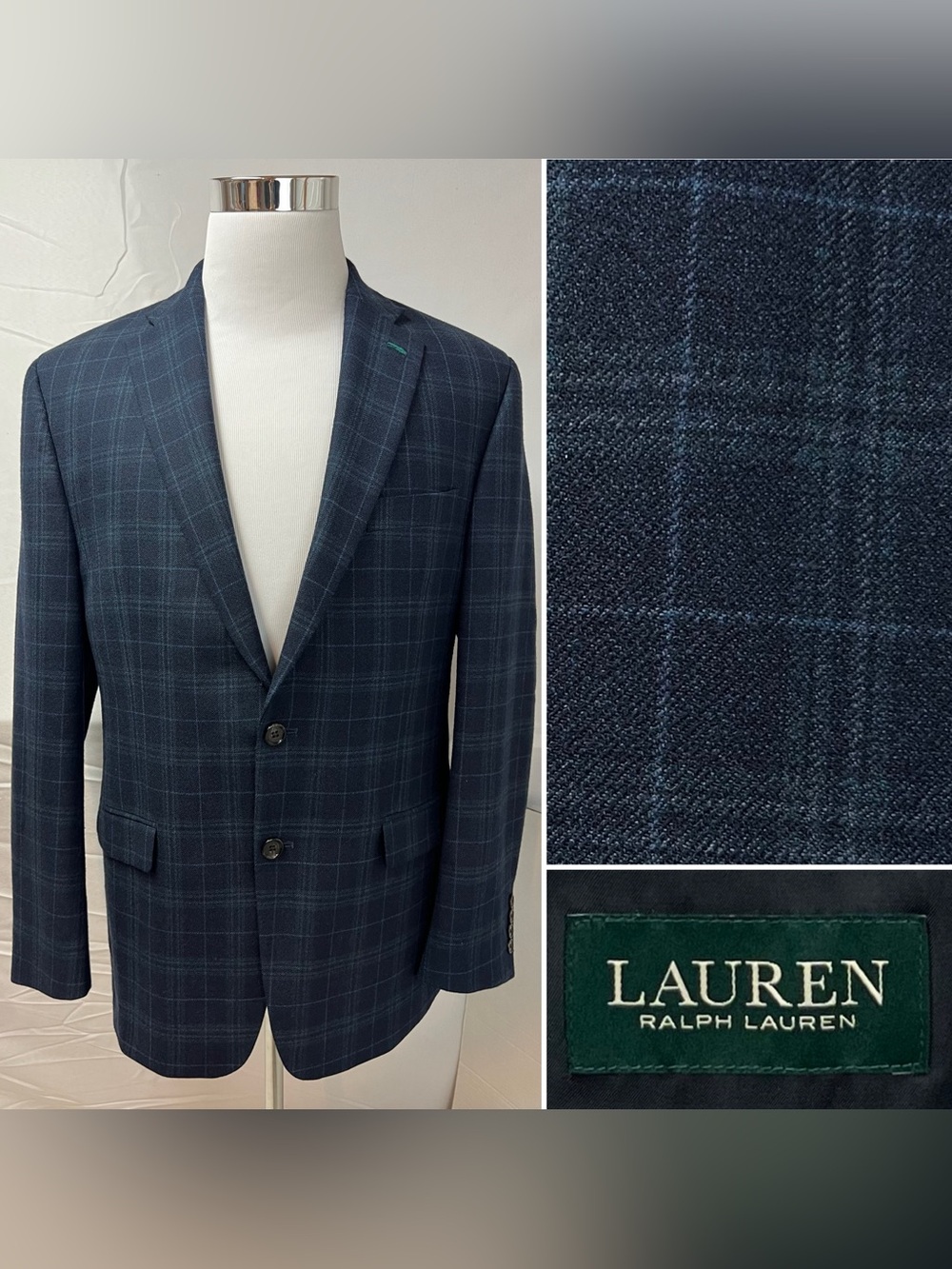 Ralph Lauren Men’s 42R Navy Blue Plaid Wool Stretch Blazer Jacket